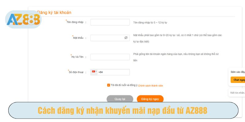 Đăng ký nhận khuyến mãi nạp đầu từ AZ888 chỉ trong 4 bước