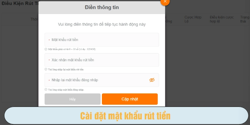Cài đặt mật khẩu rút tiền